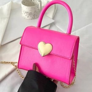 Top handle square flap crossbody bag heart gold chain hot pink